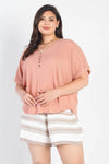 Junior Plus Light Mauve Waffle Knit Button-Up V-Neck Top /3-2-1 - Tasha Apparel Wholesale