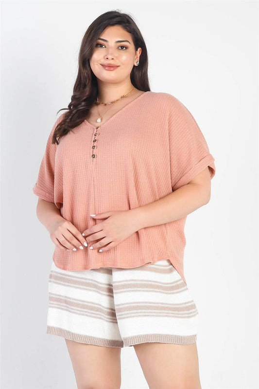 Junior Plus Light Mauve Waffle Knit Button-Up V-Neck Top /3-2-1 - Tasha Apparel Wholesale