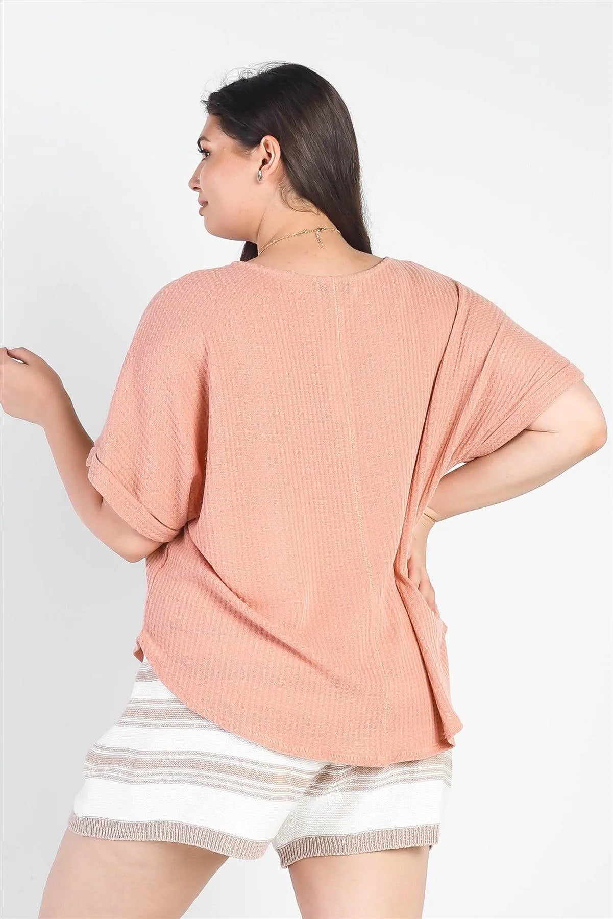 Junior Plus Light Mauve Waffle Knit Button-Up V-Neck Top /3-2-1 - Tasha Apparel Wholesale