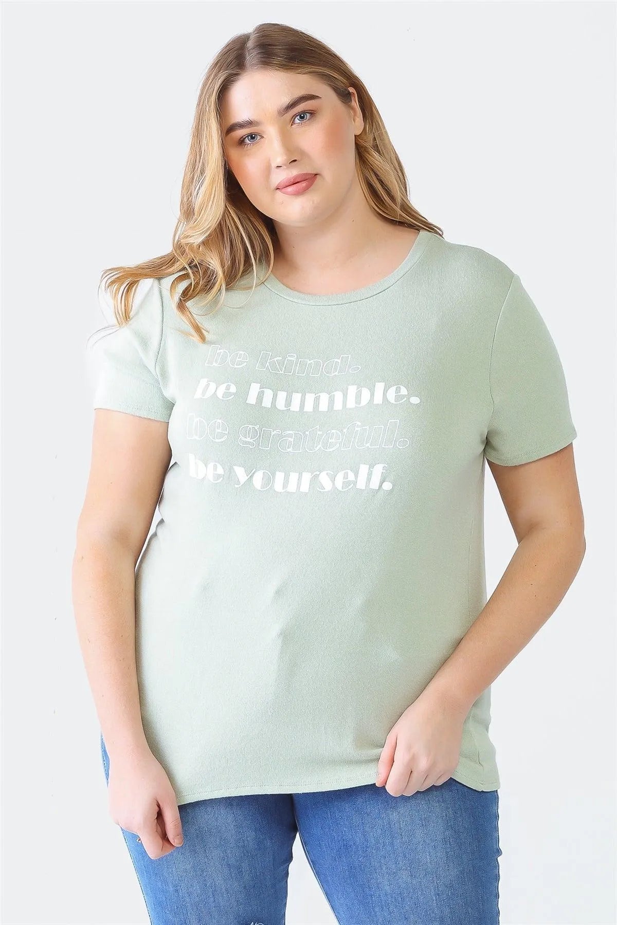 Junior Plus Sage Printed Crew Neck Short Sleeve Top /3-2-1 - Tasha Apparel Wholesale