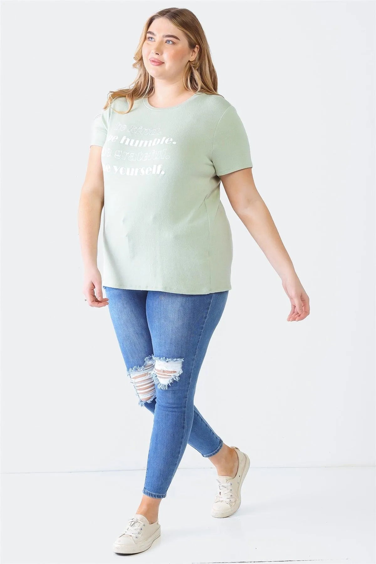 Junior Plus Sage Printed Crew Neck Short Sleeve Top /3-2-1 - Tasha Apparel Wholesale
