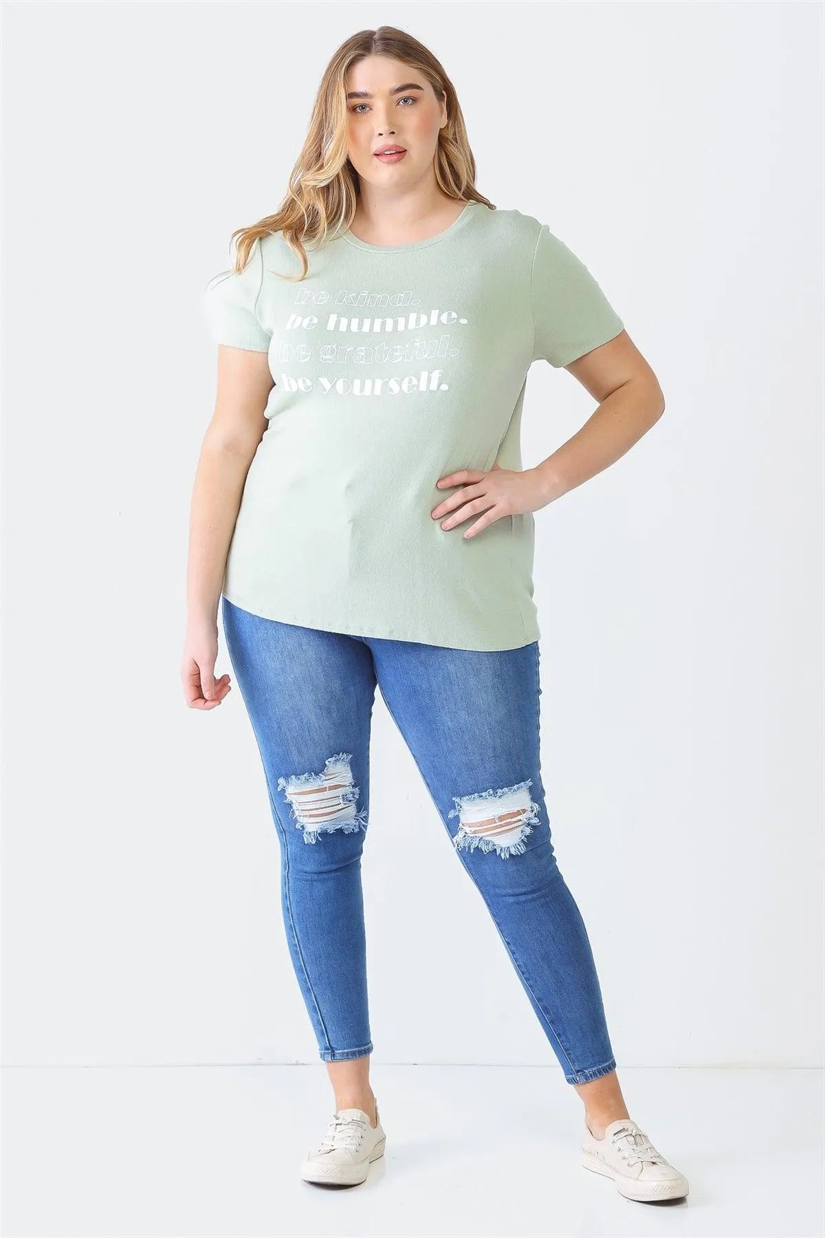 Junior Plus Sage Printed Crew Neck Short Sleeve Top /3-2-1 - Tasha Apparel Wholesale