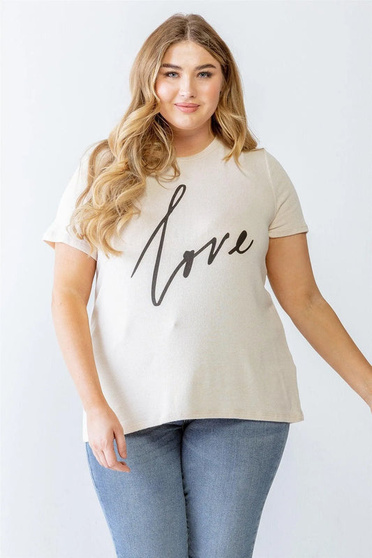 Junior Plus Oatmeal "Love" Print Short Sleeve Relax Top /3-2-1 - Tasha Apparel Wholesale