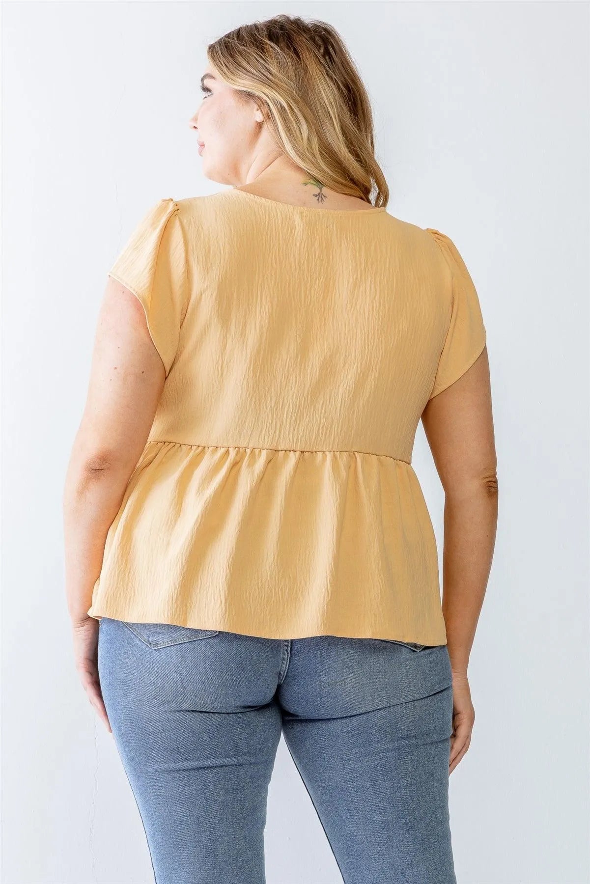 Junior Plus Pale Apricot Textured Short Sleeve Flare Hem Top /3-2-1 - Tasha Apparel Wholesale