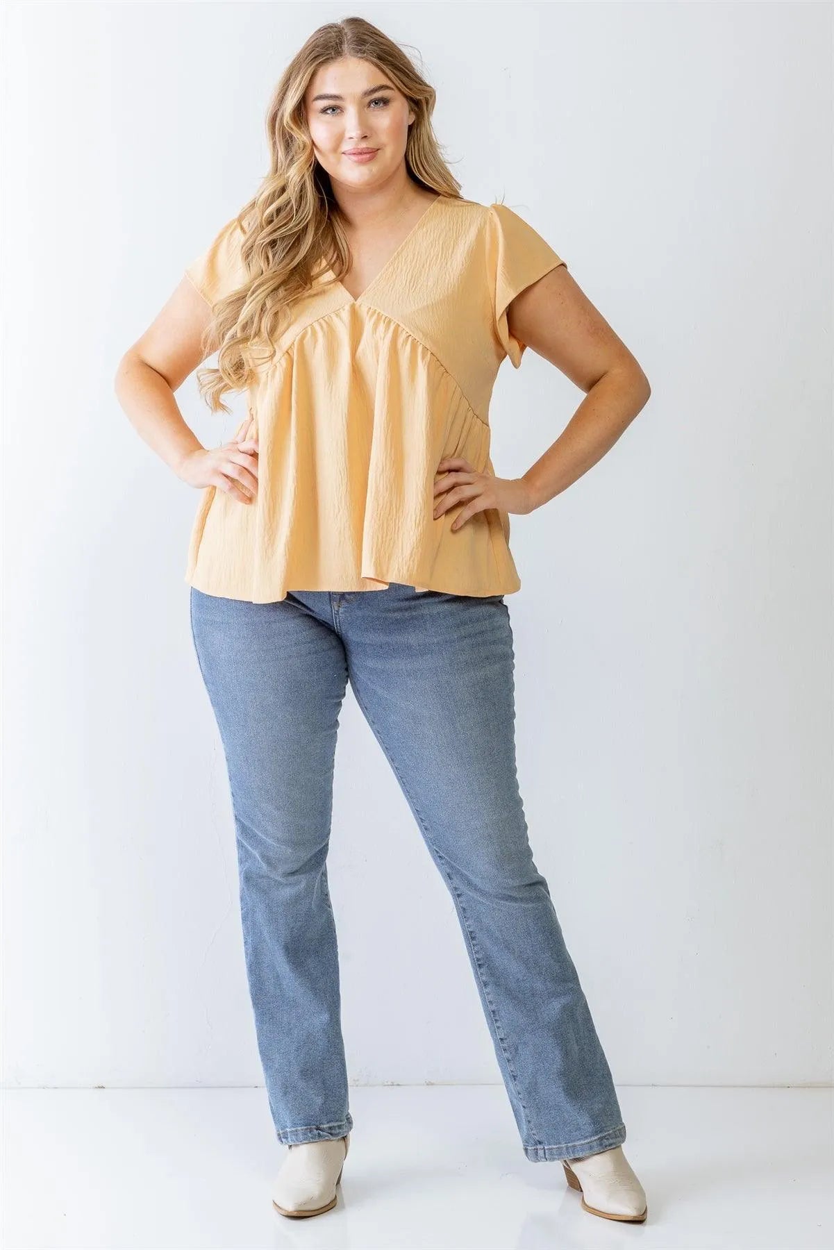Junior Plus Pale Apricot Textured Short Sleeve Flare Hem Top /3-2-1 - Tasha Apparel Wholesale