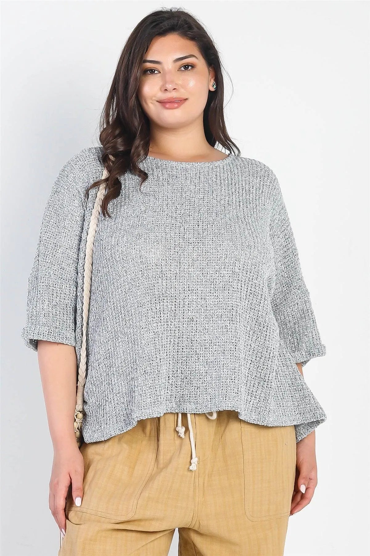 Junior Plus Heather Grey Knit Ruched Detail Midi Sleeve Top /3-2-1 - Tasha Apparel Wholesale