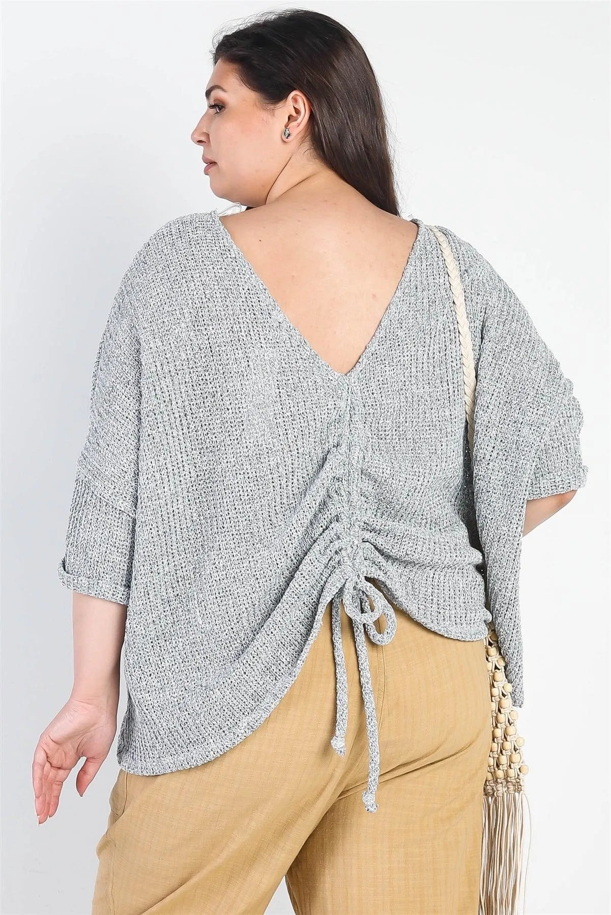 Junior Plus Heather Grey Knit Ruched Detail Midi Sleeve Top /3-2-1 - Tasha Apparel Wholesale