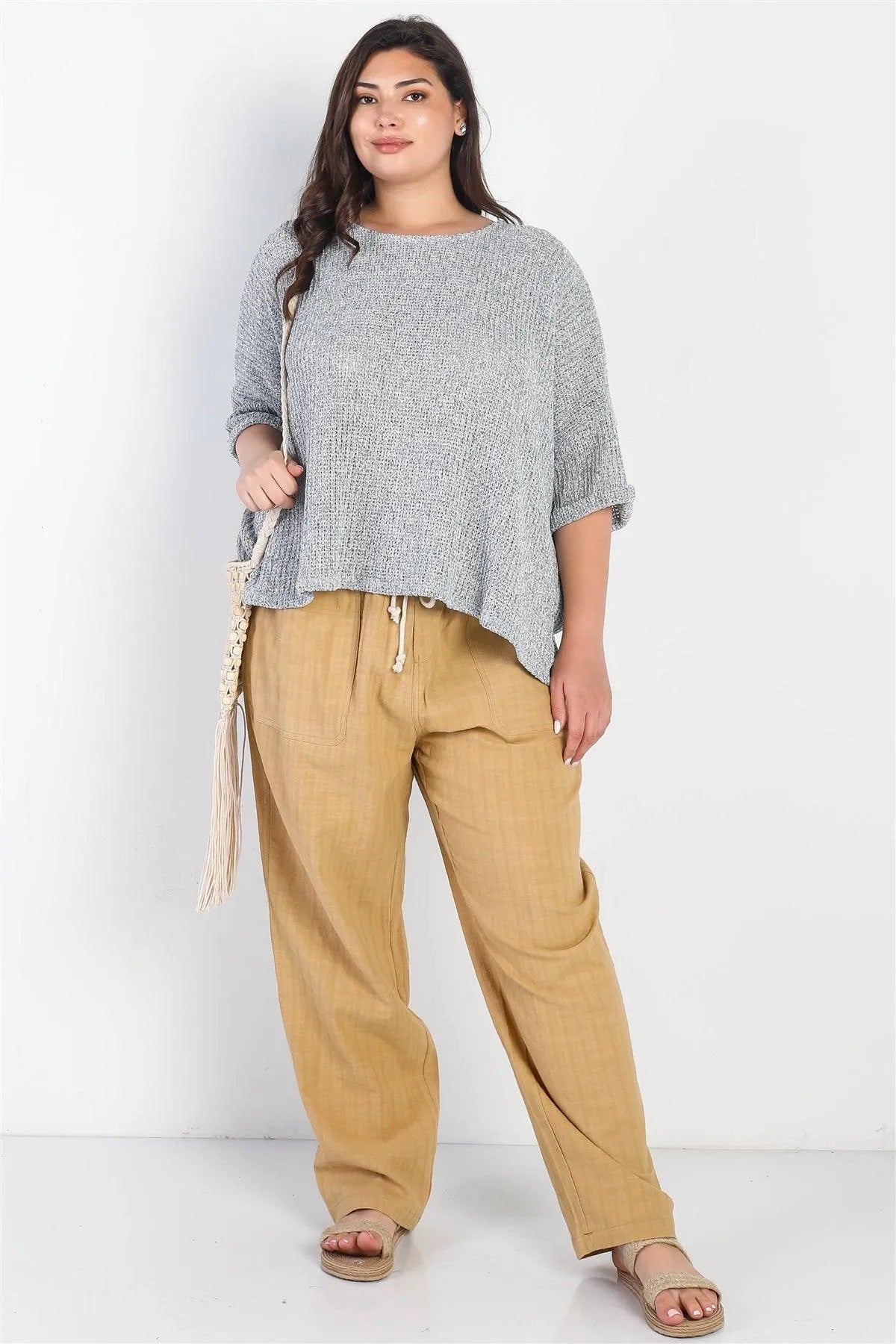 Junior Plus Heather Grey Knit Ruched Detail Midi Sleeve Top /3-2-1 - Tasha Apparel Wholesale
