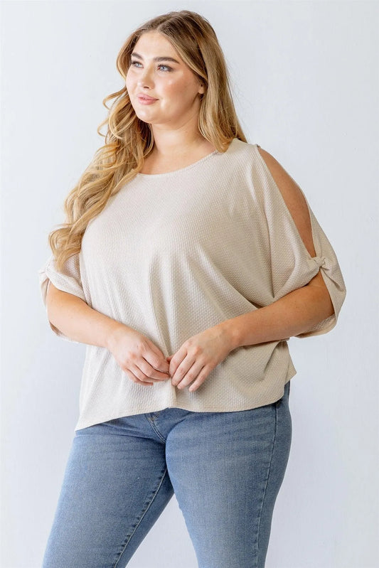 Junior Plus Taupe Waffle Knit Cut-Out Detail Dolman Sleeve Top /3-2-1 - Tasha Apparel Wholesale