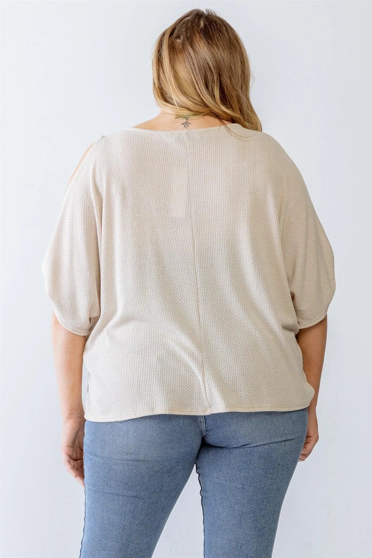 Junior Plus Taupe Waffle Knit Cut-Out Detail Dolman Sleeve Top /3-2-1 - Tasha Apparel Wholesale