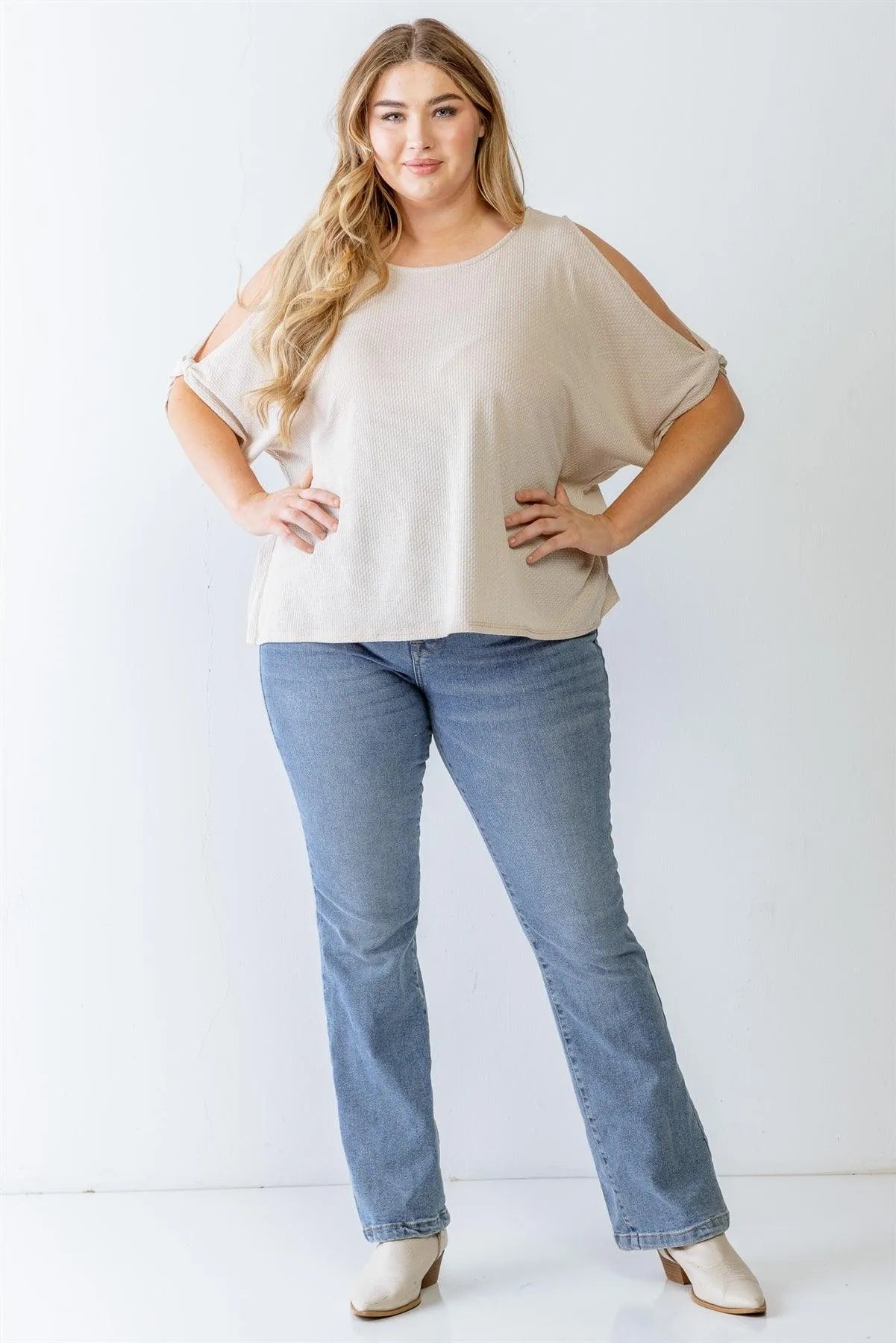 Junior Plus Taupe Waffle Knit Cut-Out Detail Dolman Sleeve Top /3-2-1 - Tasha Apparel Wholesale