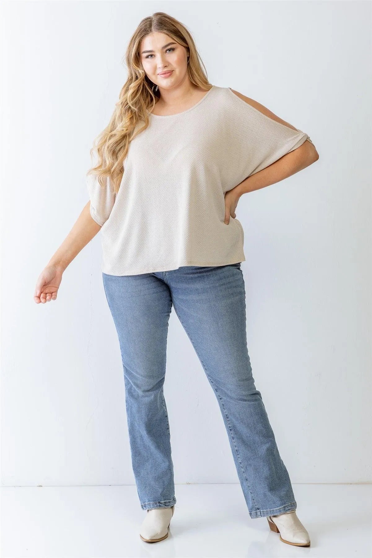 Junior Plus Taupe Waffle Knit Cut-Out Detail Dolman Sleeve Top /3-2-1 - Tasha Apparel Wholesale