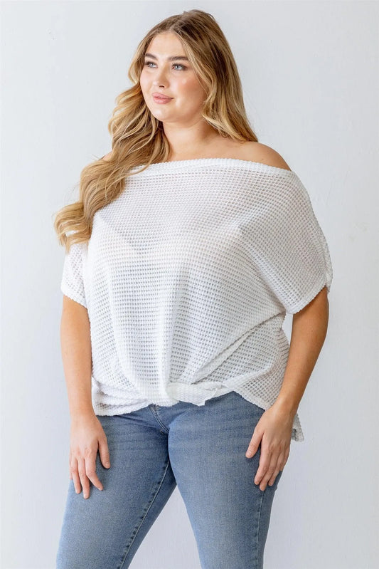 Junior Plus White Knit Off-The-Shoulder Wrap Detail Top /3-2-1 - Tasha Apparel Wholesale