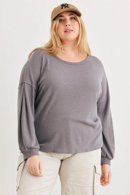 Junior Plus Vintage Denim Waffle Knit Long Sleeve Crossover Back Cut-Out Top /3-2-1 - Tasha Apparel Wholesale