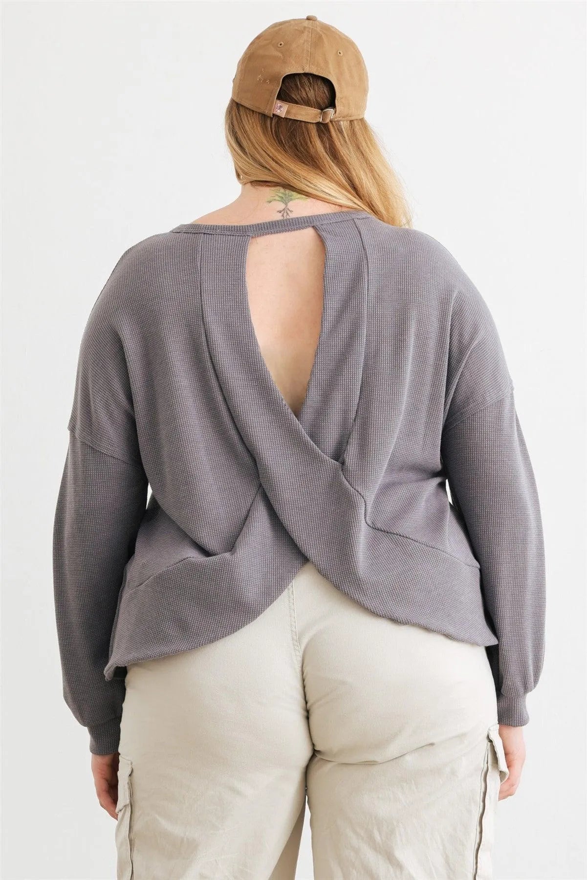 Junior Plus Vintage Denim Waffle Knit Long Sleeve Crossover Back Cut-Out Top /3-2-1 - Tasha Apparel Wholesale