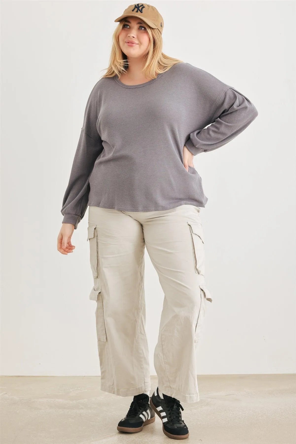 Junior Plus Vintage Denim Waffle Knit Long Sleeve Crossover Back Cut-Out Top /3-2-1 - Tasha Apparel Wholesale