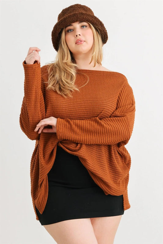 Junior Plus Camel Waffle Knit Long Sleeve Relax Top /3-2-1 - Tasha Apparel Wholesale