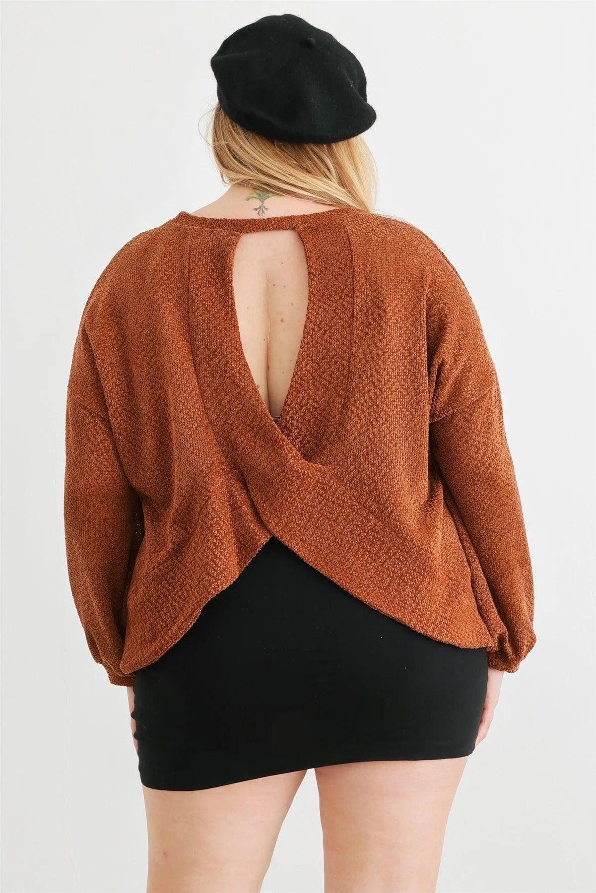 Junior Plus Camel Knit Long Sleeve Crossover Back Top /3-2-1 - Tasha Apparel Wholesale