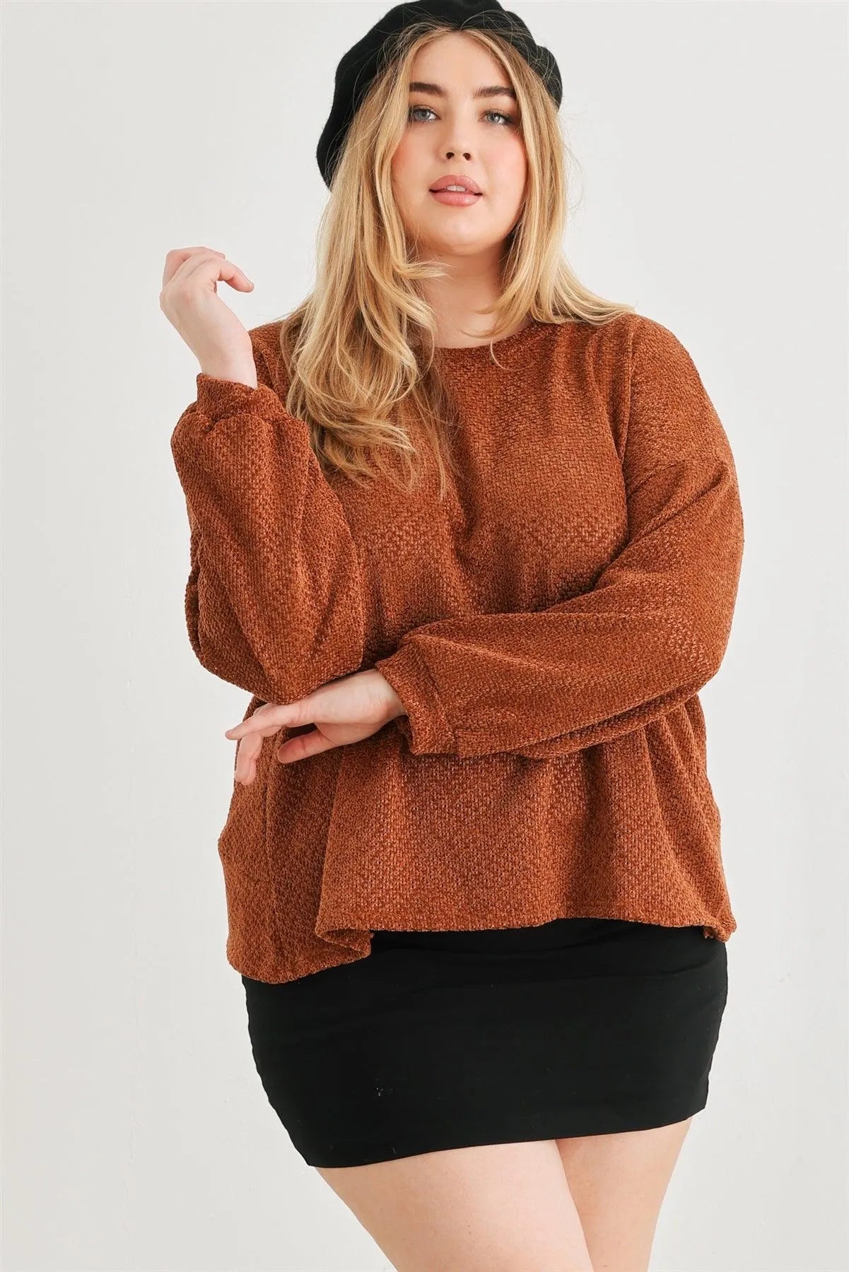 Junior Plus Camel Knit Long Sleeve Crossover Back Top /3-2-1 - Tasha Apparel Wholesale