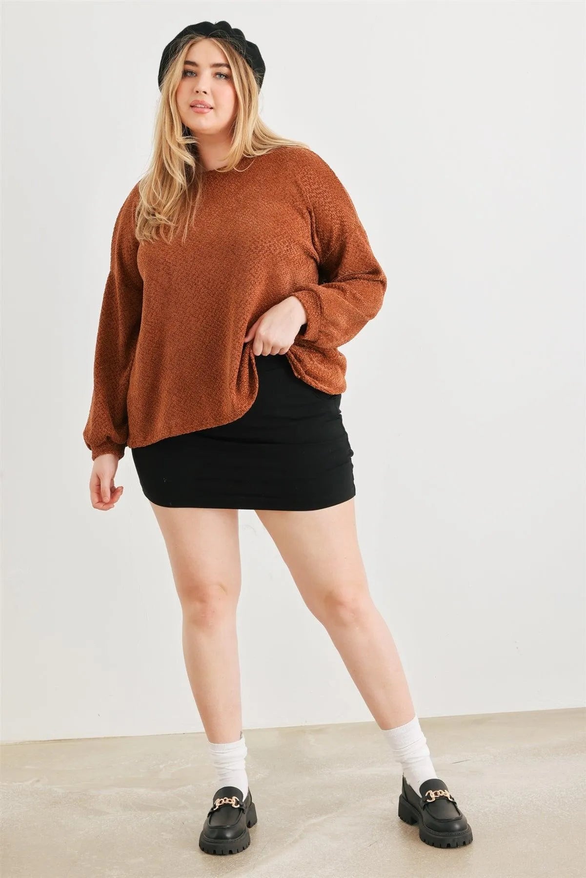 Junior Plus Camel Knit Long Sleeve Crossover Back Top /3-2-1 - Tasha Apparel Wholesale