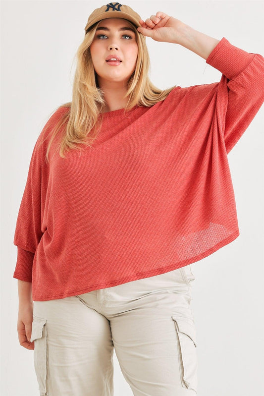 Junior Plus Berry Waffle Knit Batwing Sleeve Top /3-2-1