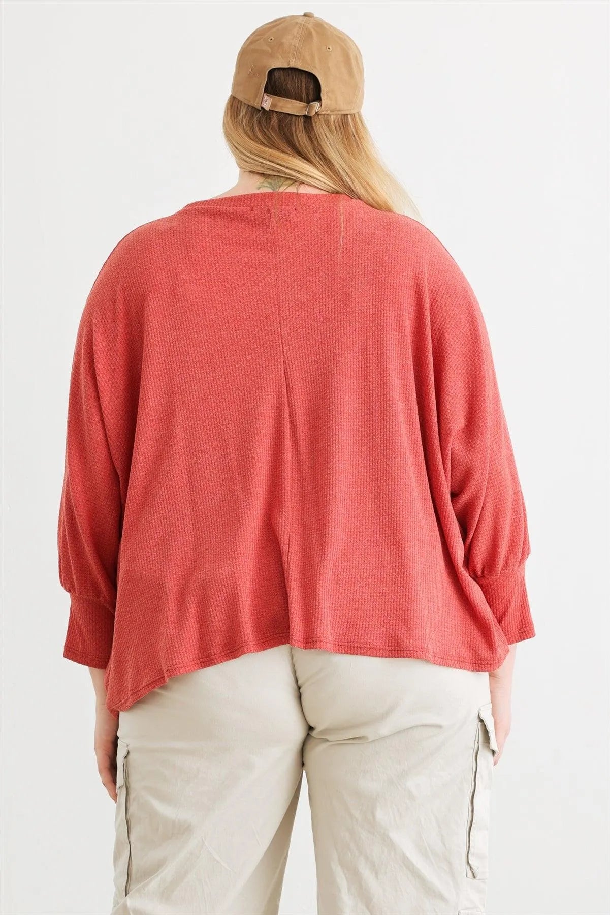 Junior Plus Berry Waffle Knit Batwing Sleeve Top /3-2-1 - Tasha Apparel Wholesale