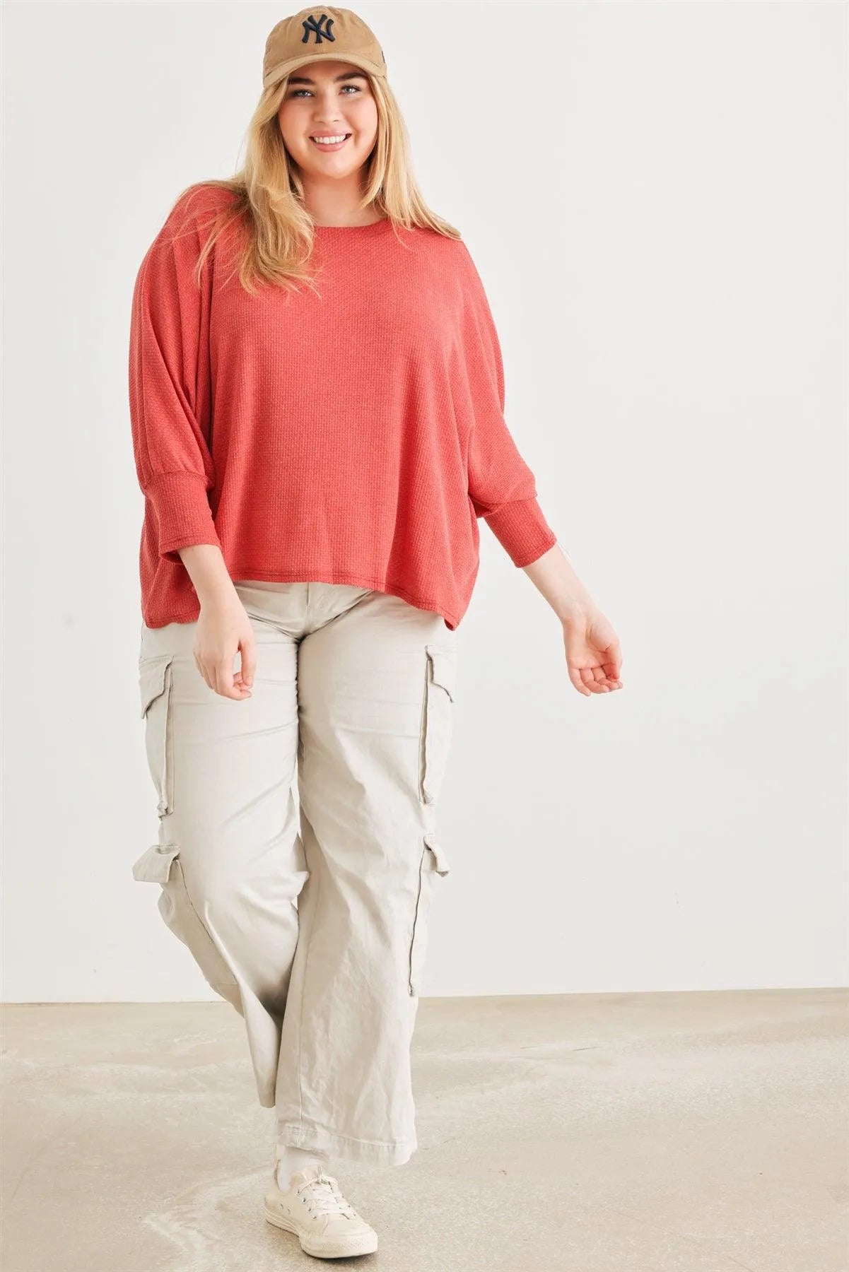 Junior Plus Berry Waffle Knit Batwing Sleeve Top /3-2-1 - Tasha Apparel Wholesale