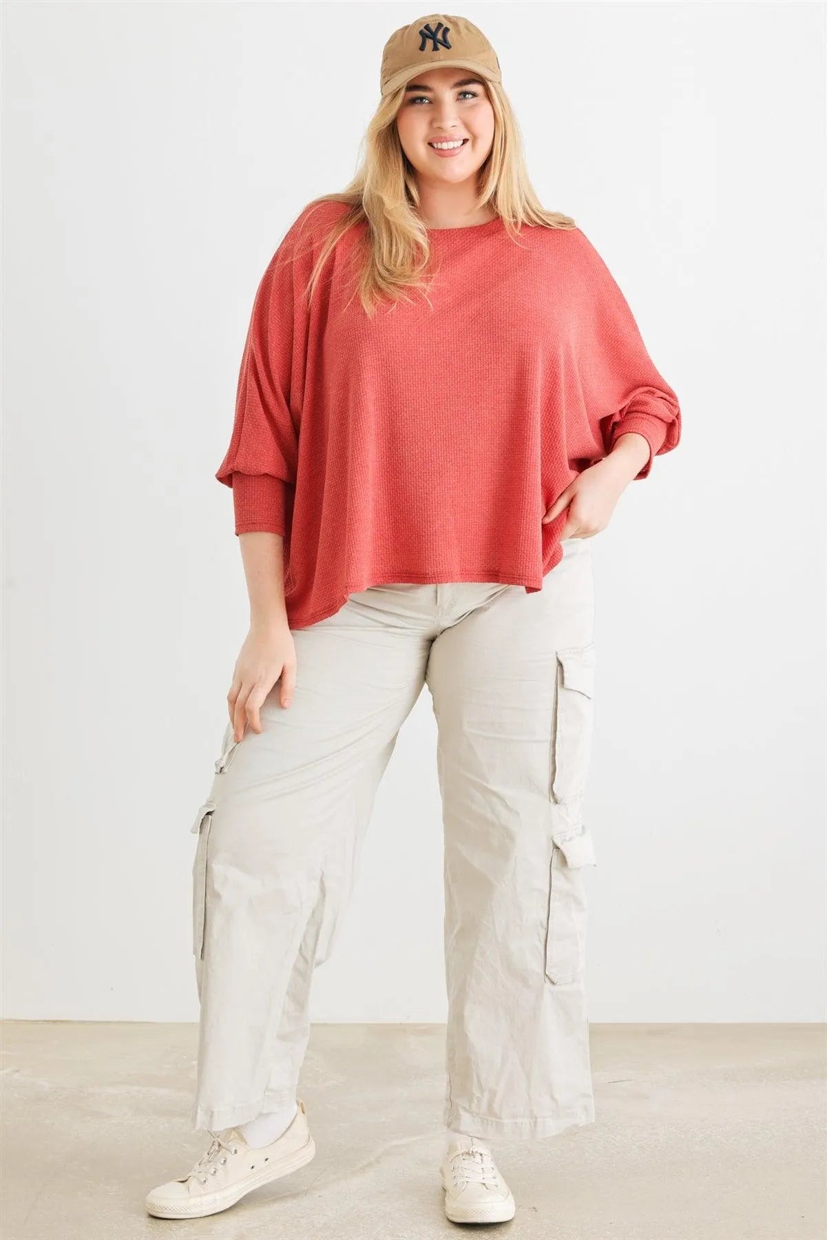 Junior Plus Berry Waffle Knit Batwing Sleeve Top /3-2-1 - Tasha Apparel Wholesale