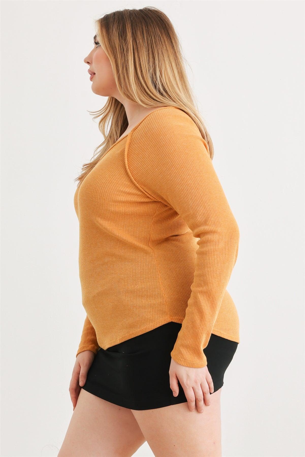 Junior Plus Mustard Ribbed Button Neck Long Sleeve Top /3-1-1