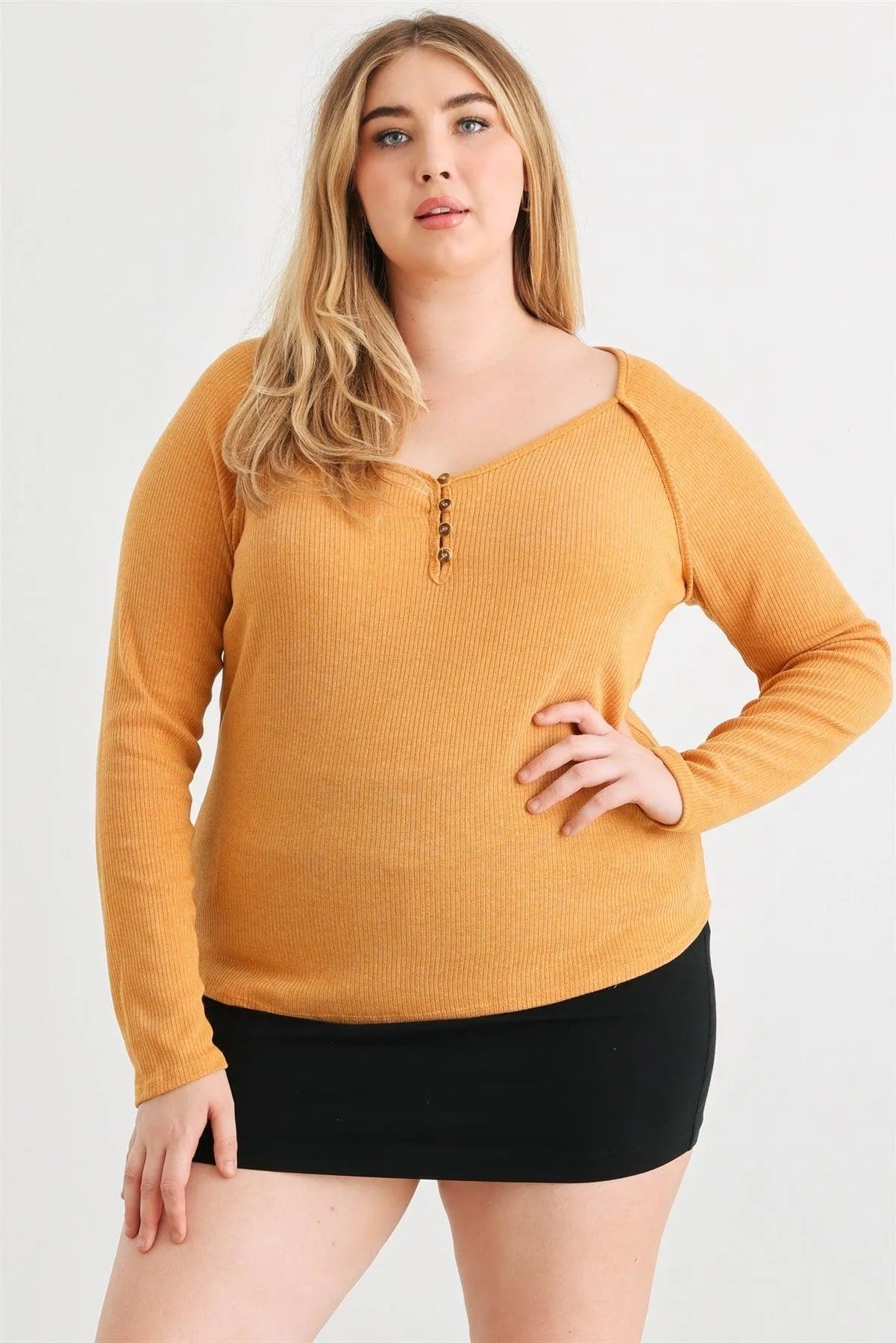 Junior Plus Mustard Ribbed Button Neck Long Sleeve Top /3-2-1 - Tasha Apparel Wholesale