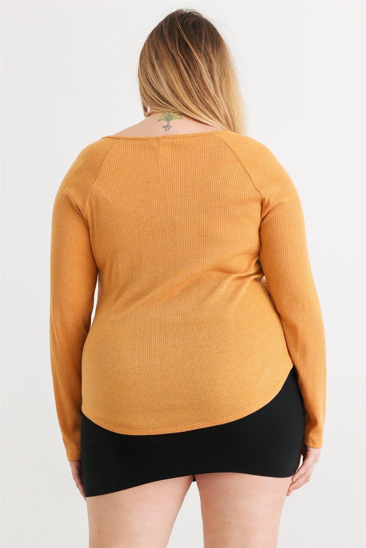 Junior Plus Mustard Ribbed Button Neck Long Sleeve Top /3-2-1