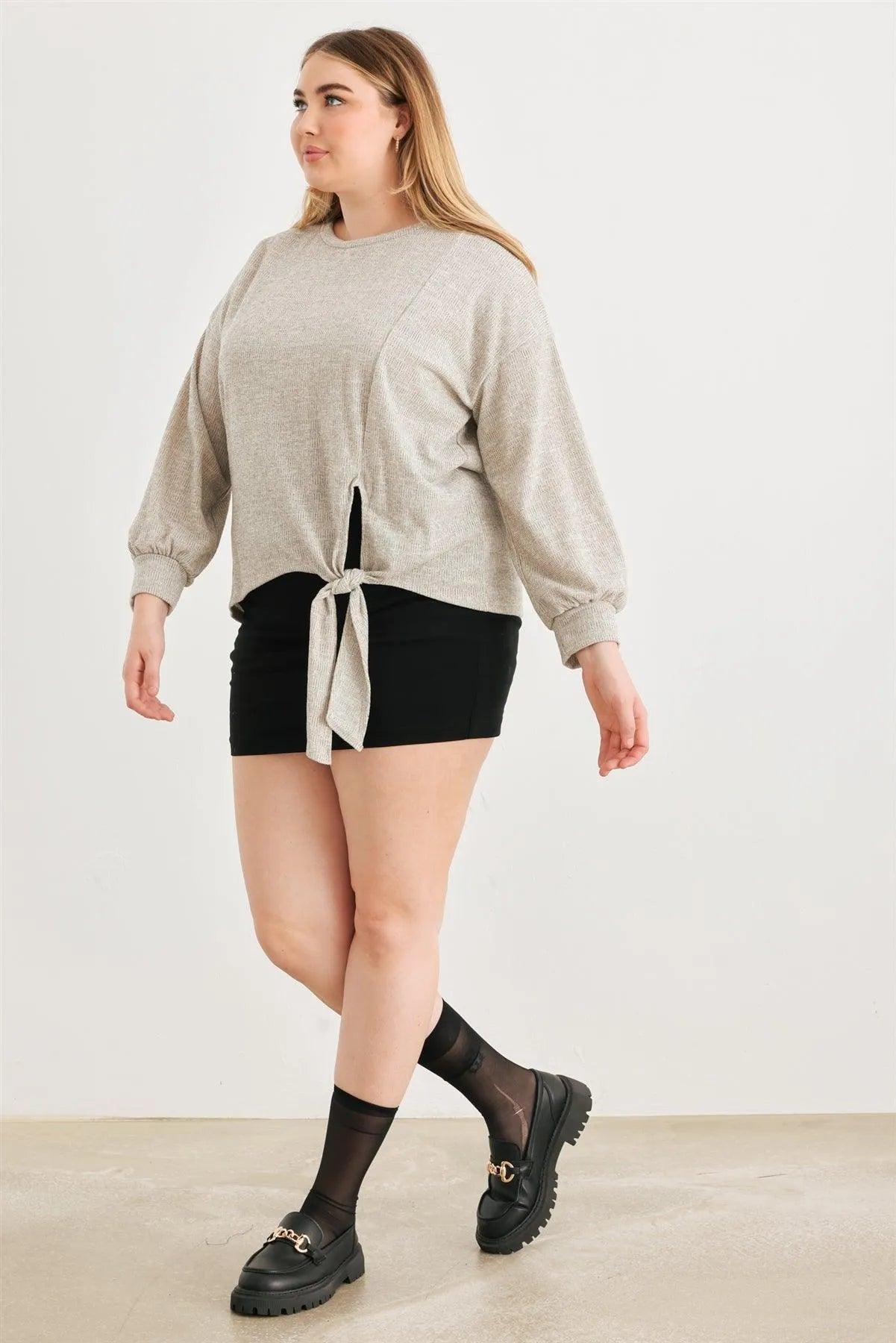 Plus Plus Crew Neck Long Sleeve Tie Hem Top /3-2-1 - Tasha Apparel Wholesale