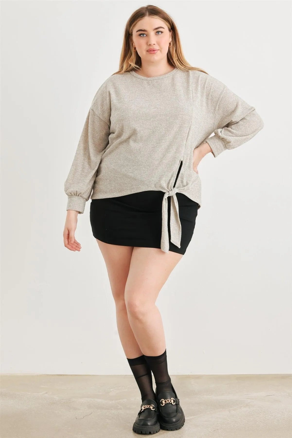 Plus Plus Crew Neck Long Sleeve Tie Hem Top /3-2-1 - Tasha Apparel Wholesale