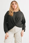 Junior Plus Charcoal Wrap Hem Back Lace-Up Long Sleeve Top /3-2-1 - Tasha Apparel Wholesale