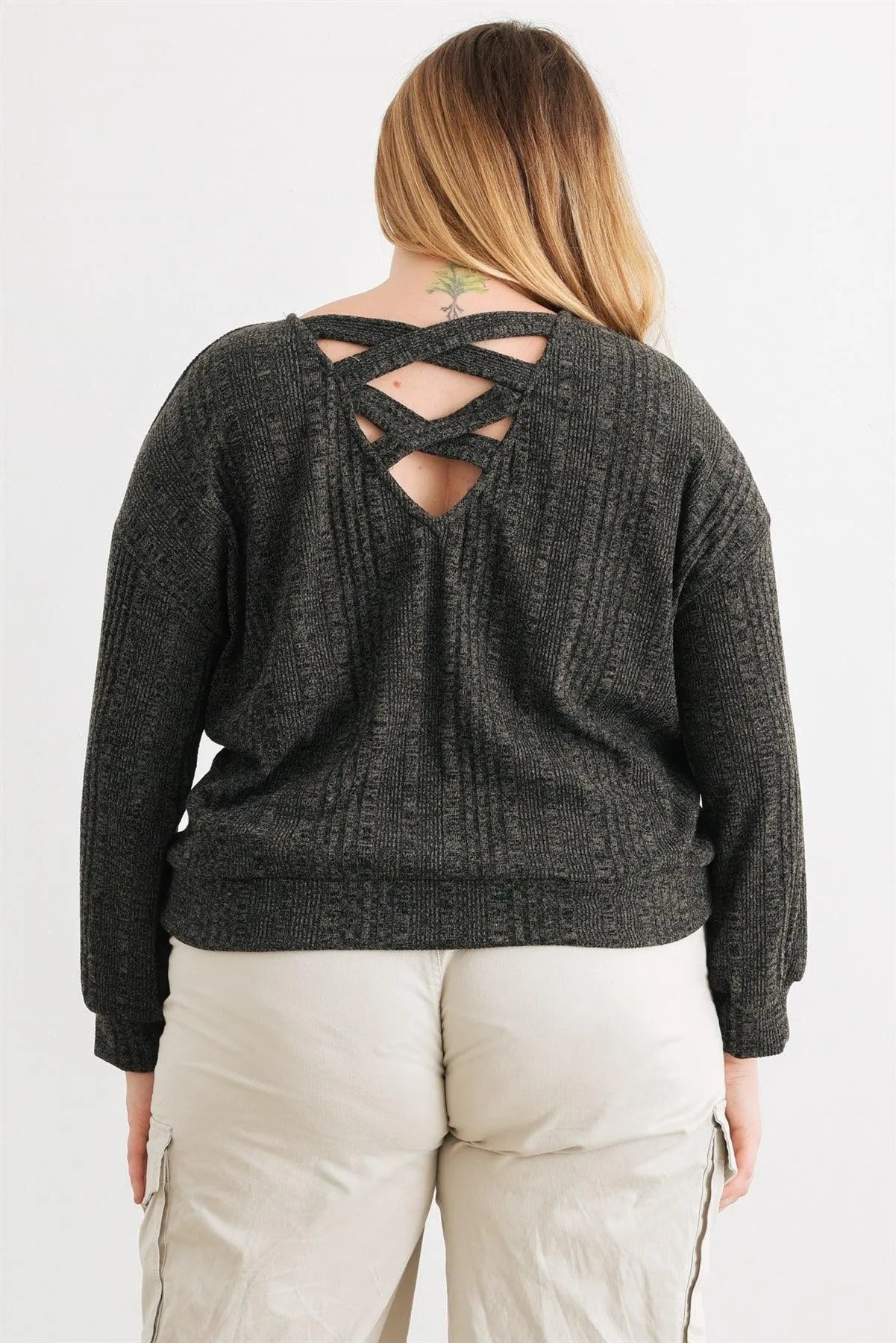 Junior Plus Charcoal Wrap Hem Back Lace-Up Long Sleeve Top /3-2-1 - Tasha Apparel Wholesale