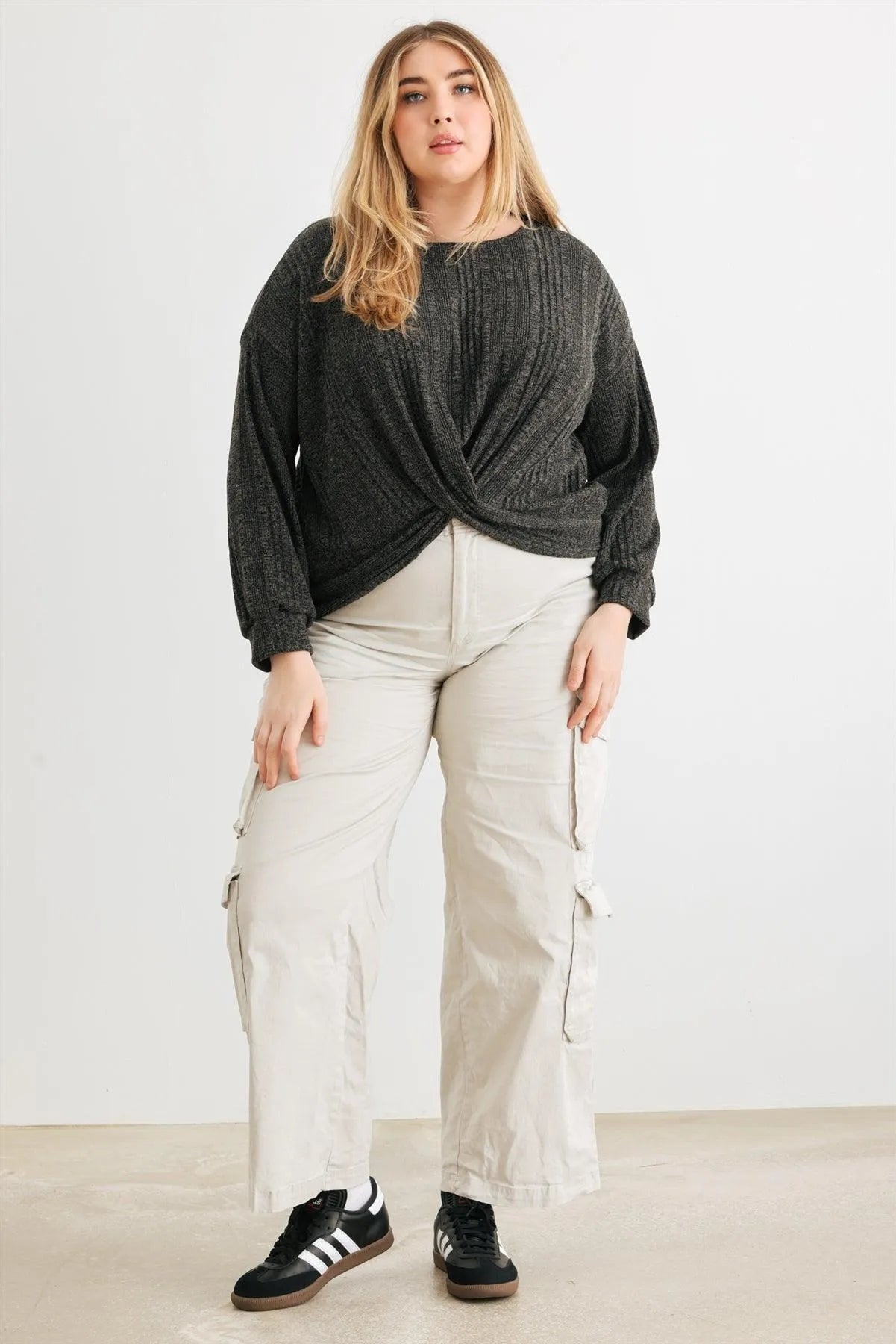 Junior Plus Charcoal Wrap Hem Back Lace-Up Long Sleeve Top /3-2-1 - Tasha Apparel Wholesale