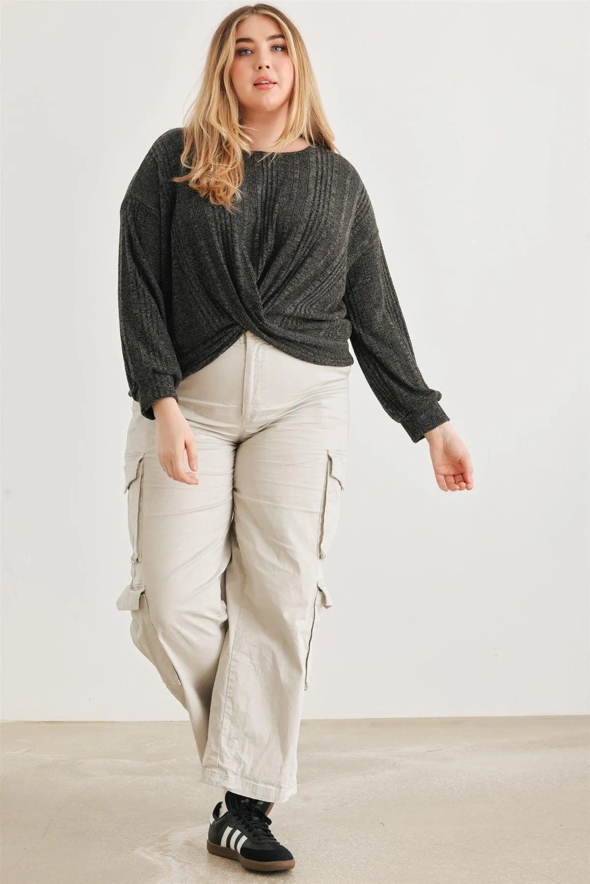 Junior Plus Charcoal Wrap Hem Back Lace-Up Long Sleeve Top /3-2-1 - Tasha Apparel Wholesale