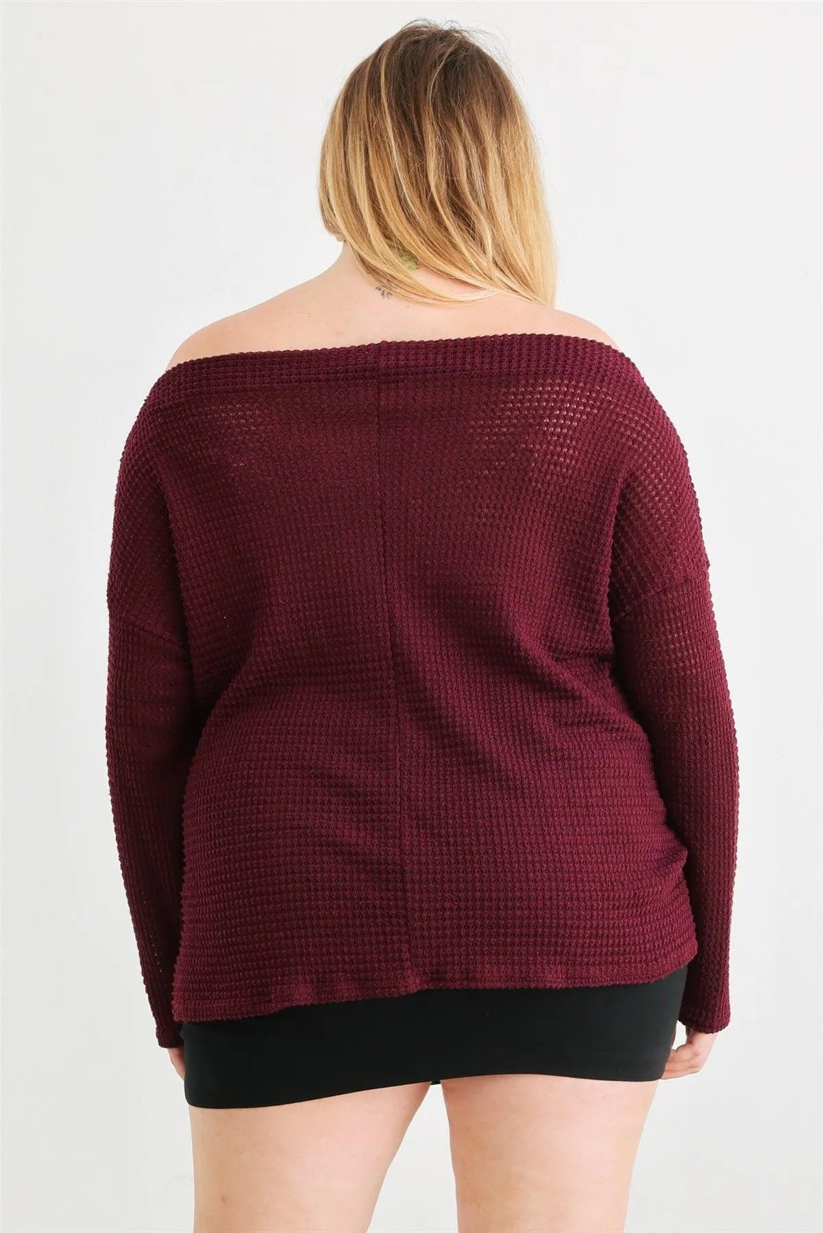 Junior Plus Burgundy Waffle Knit Off-The-Shoulder Twist Hem Top /3-2-1 - Tasha Apparel Wholesale