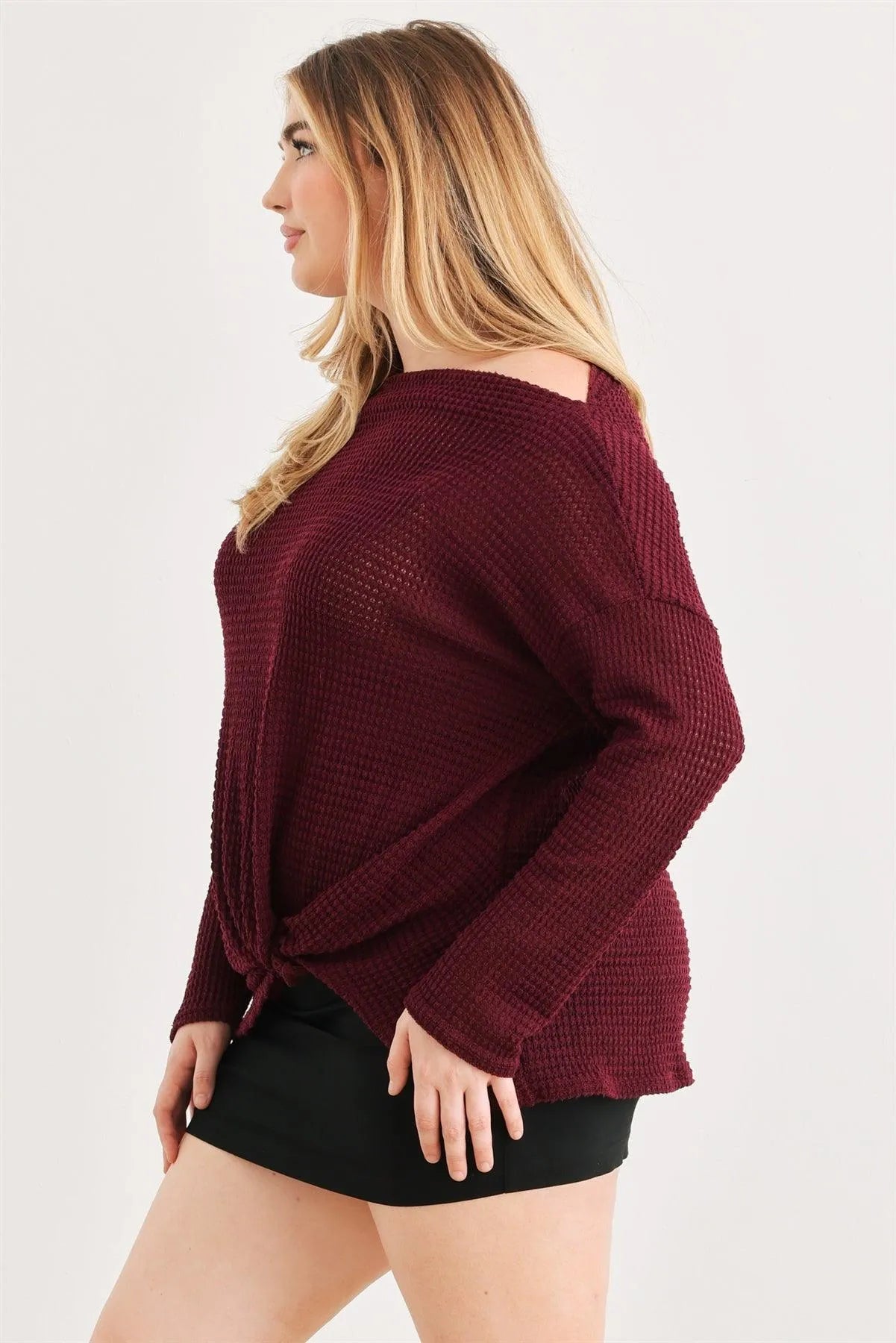 Junior Plus Burgundy Waffle Knit Off-The-Shoulder Twist Hem Top /3-2-1 - Tasha Apparel Wholesale