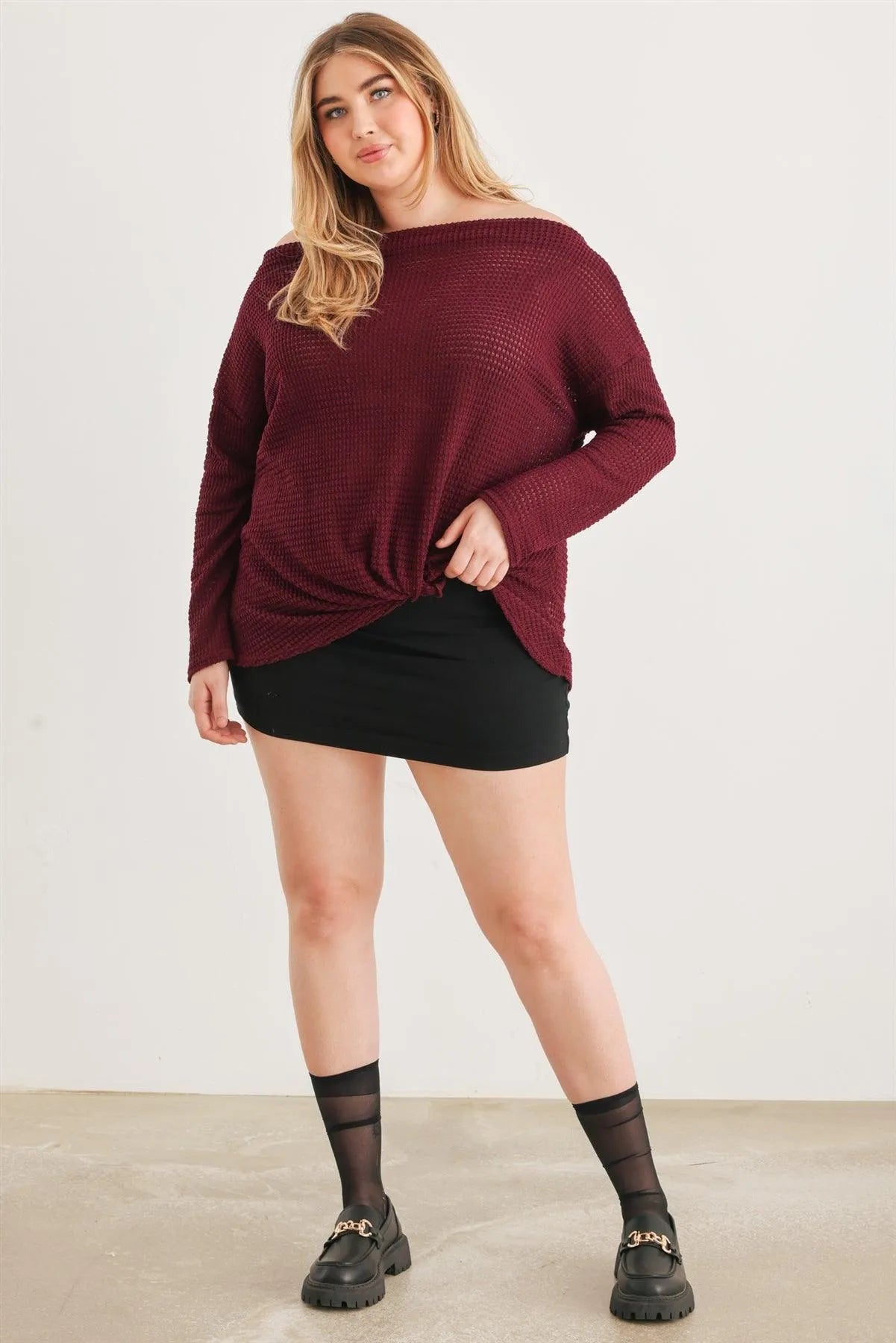 Junior Plus Burgundy Waffle Knit Off-The-Shoulder Twist Hem Top /3-2-1 - Tasha Apparel Wholesale