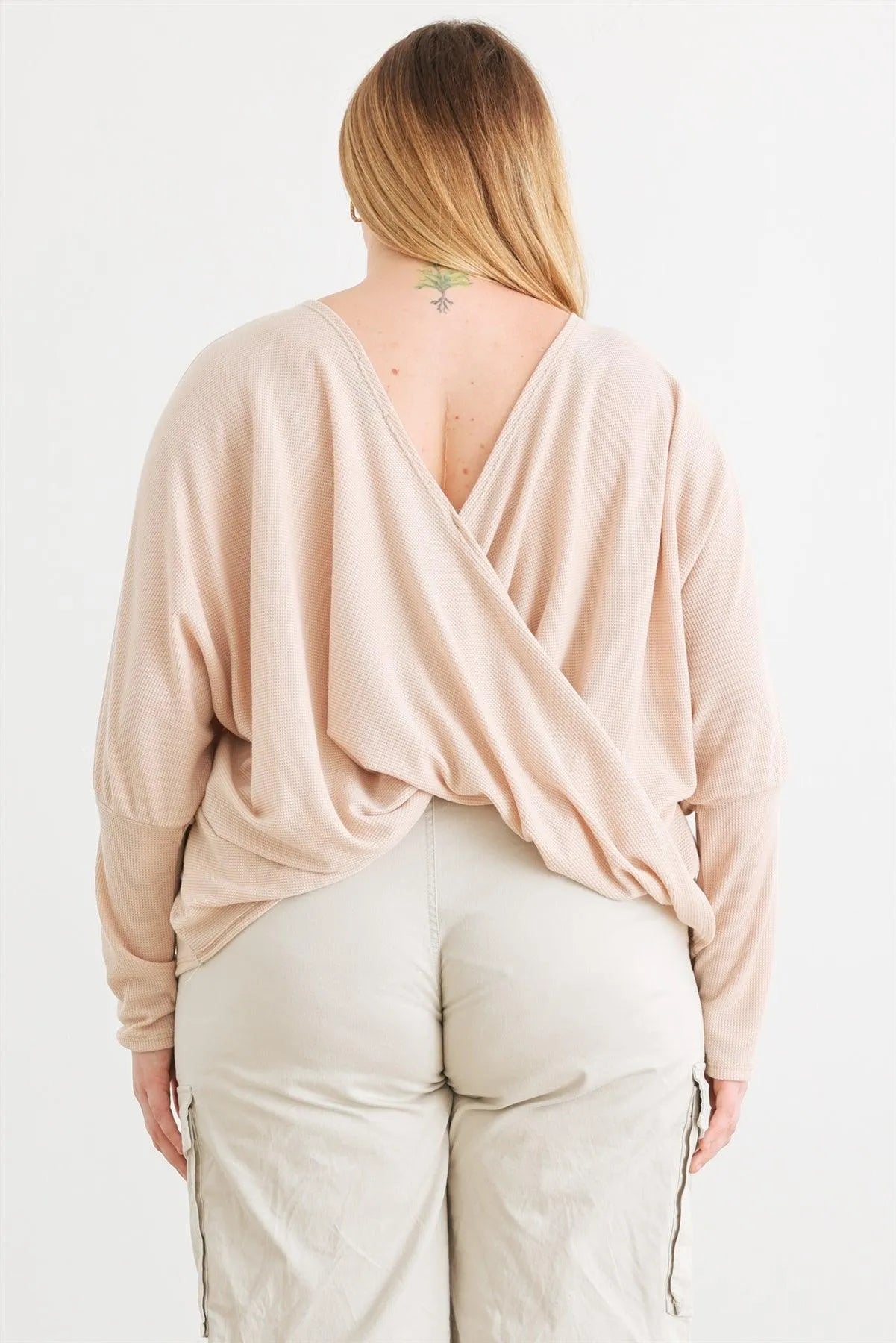 Junior Plus Sand Knit Batwing Sleeve Wrap Open Back Top /3-2-1 - Tasha Apparel Wholesale