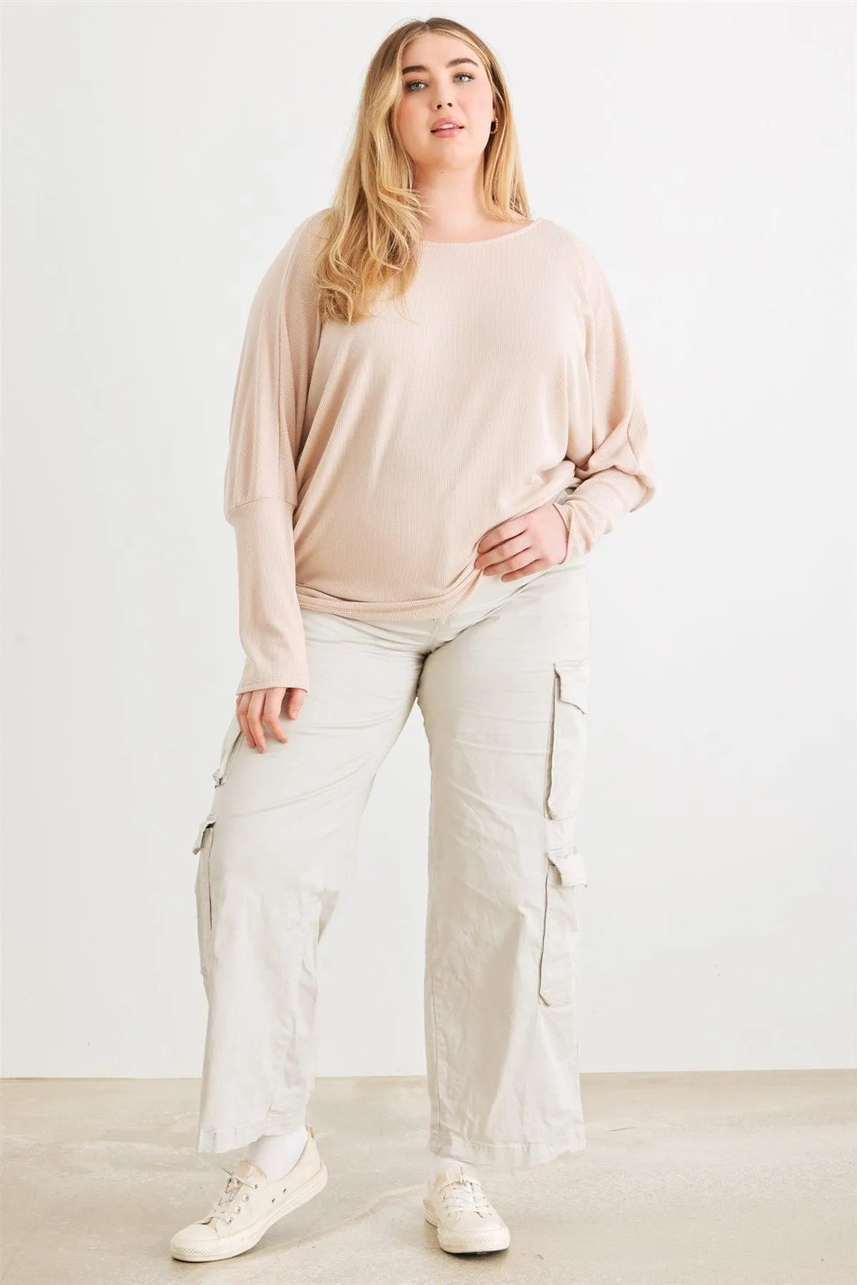 Junior Plus Sand Knit Batwing Sleeve Wrap Open Back Top /3-2-1 - Tasha Apparel Wholesale