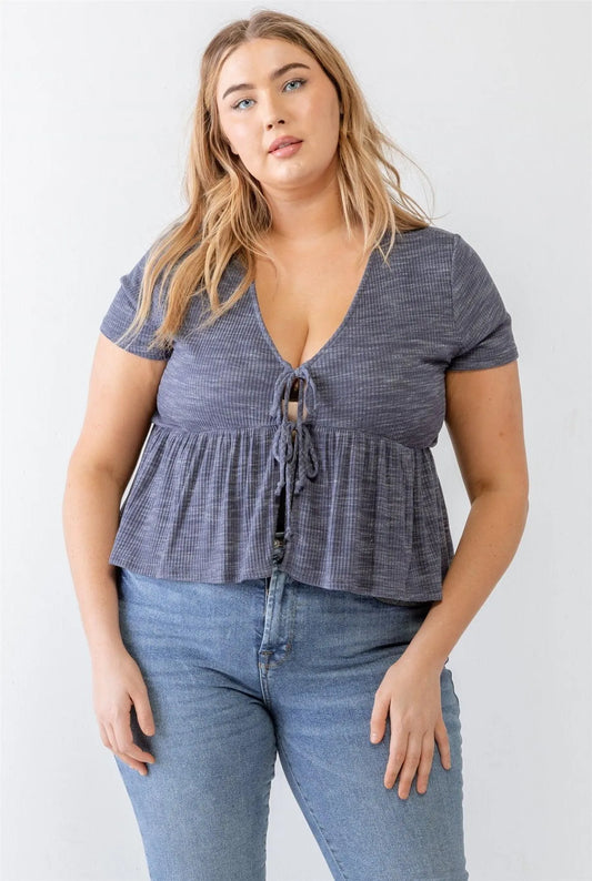 Junior Plus Denim Blue Ribbed U-Shape Neck Flare Hem Tie Top /3-2-1 - Tasha Apparel Wholesale