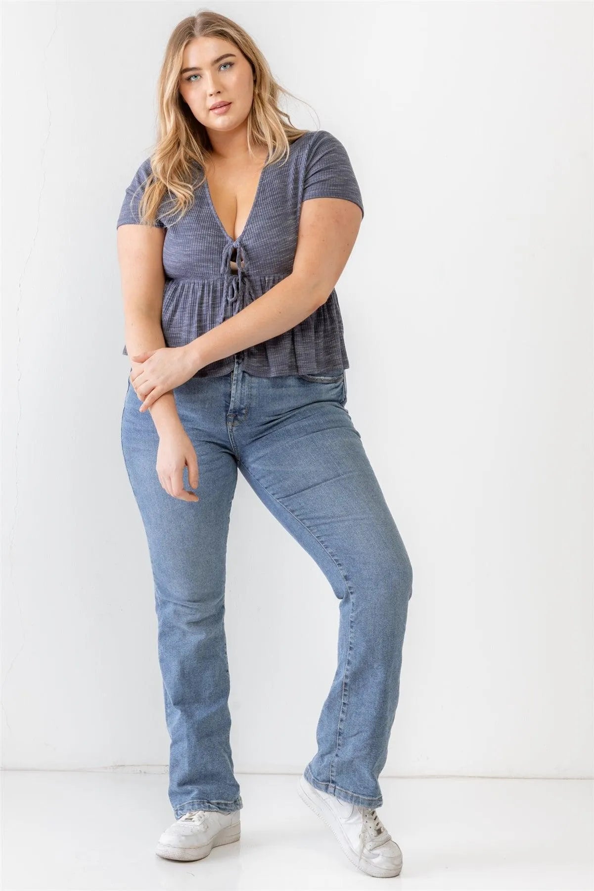 Junior Plus Denim Blue Ribbed U-Shape Neck Flare Hem Tie Top /3-2-1 - Tasha Apparel Wholesale