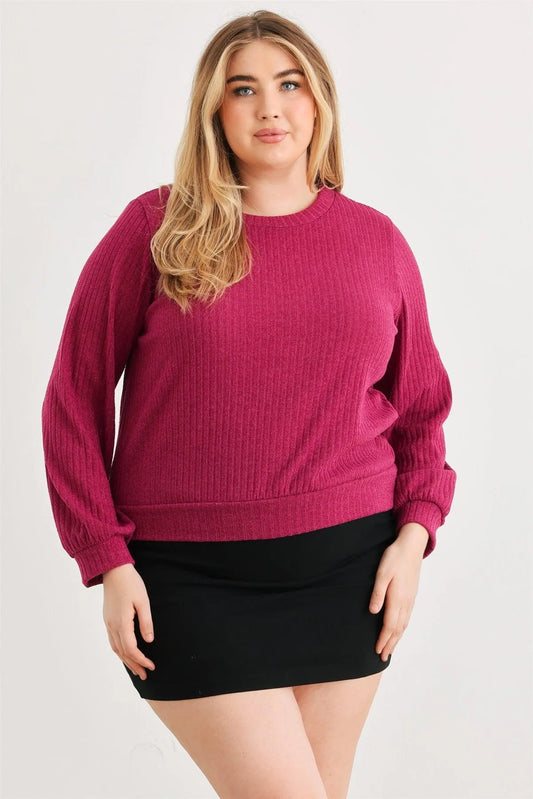 Junior Plus Magenta Ribbed Long Sleeve Open Tie Back Top /3-2-1 - Tasha Apparel Wholesale