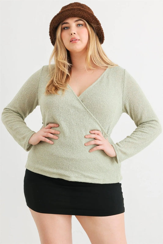 Junior Plus Light Green Knit Wrap Neck Long Sleeve Top /3-2-1 - Tasha Apparel Wholesale