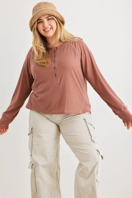 Junior Plus Terracotta Waffle Knit Button Neck Long Sleeve Top /3-2-1 - Tasha Apparel Wholesale