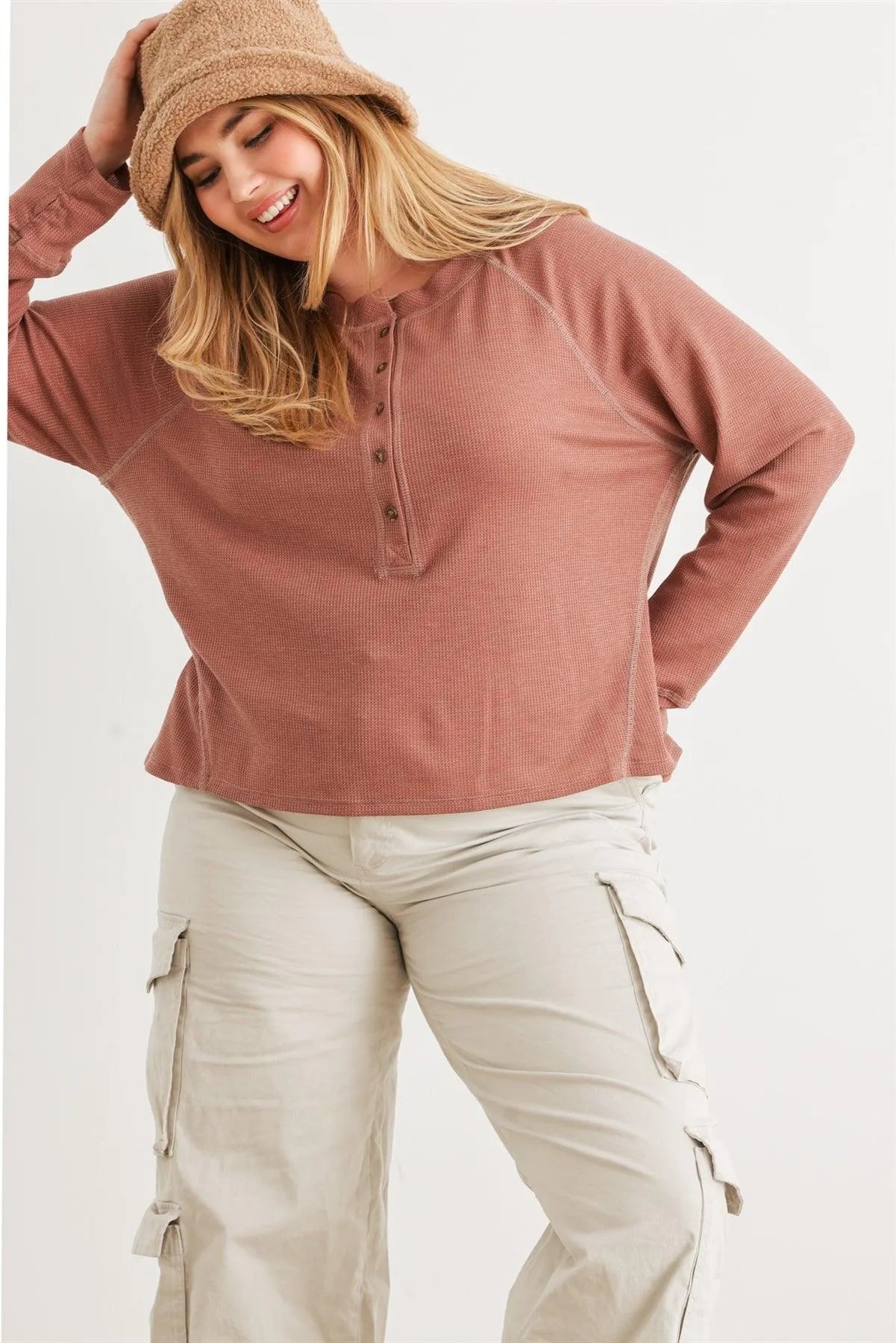 Junior Plus Terracotta Waffle Knit Button Neck Long Sleeve Top /3-3-1 - Tasha Apparel Wholesale