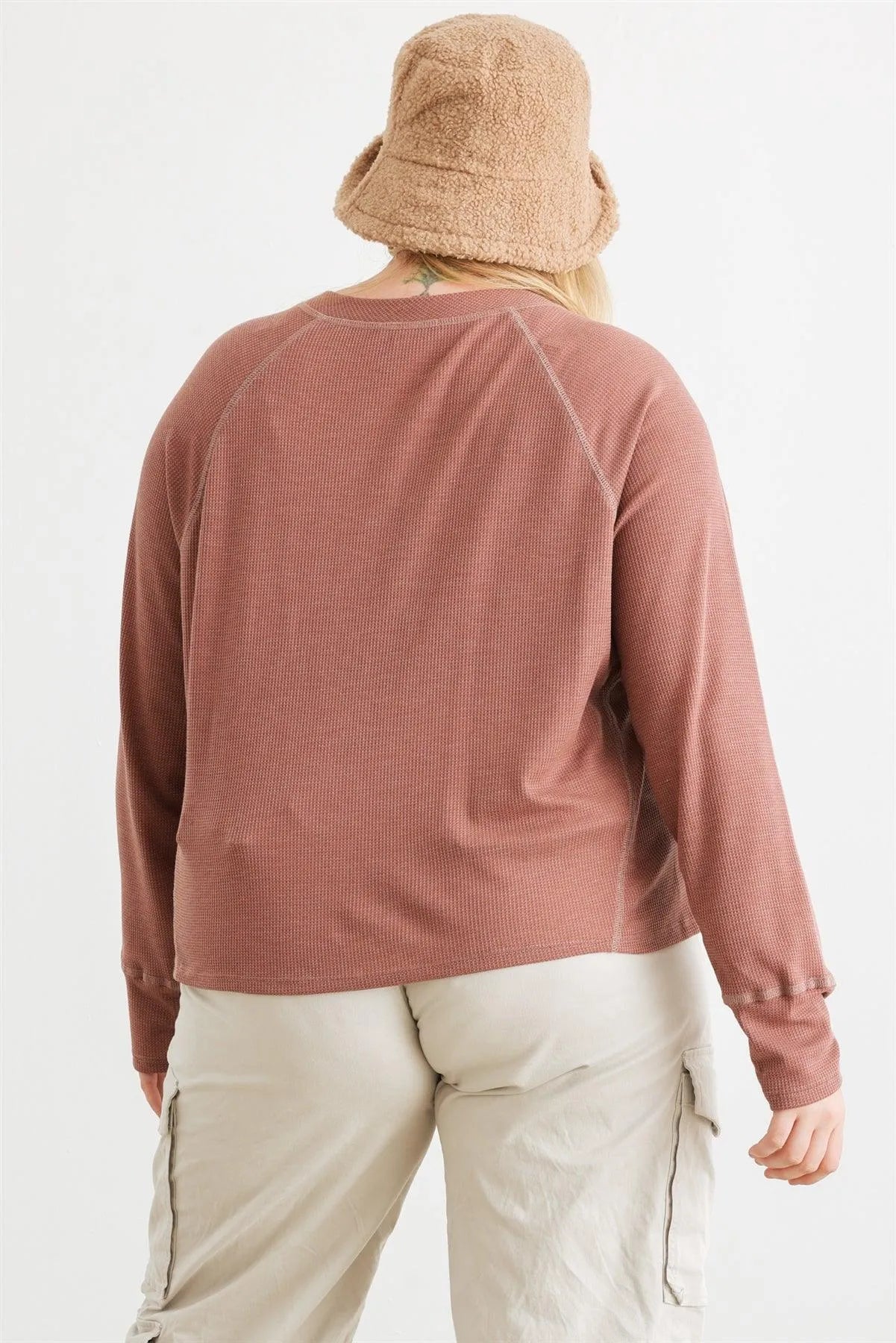 Junior Plus Terracotta Waffle Knit Button Neck Long Sleeve Top /3-3-1 - Tasha Apparel Wholesale