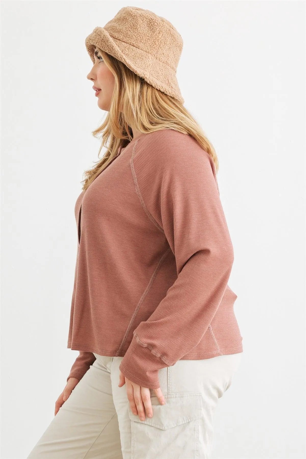 Junior Plus Terracotta Waffle Knit Button Neck Long Sleeve Top /3-3-1 - Tasha Apparel Wholesale